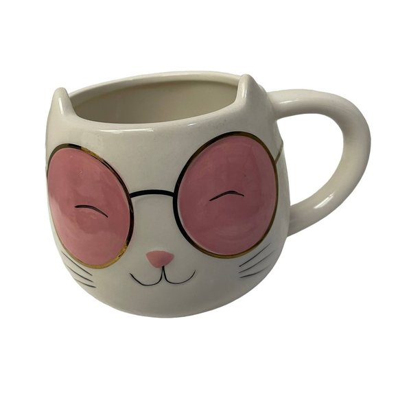 World Market CAT Mugs Cups Figural Pink Sunglasses Hand Painted Ceramic 16oz 4"H - Picture 1 of 6